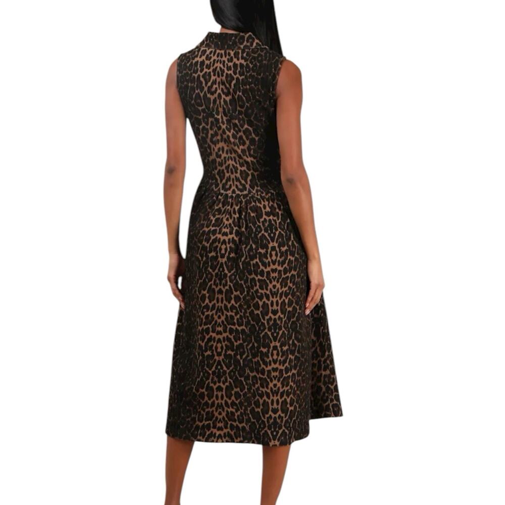 NWOT Lulus Levon Brown Leopard Print Denim Button Front Midi Dress Size Small - Picture 3 of 9